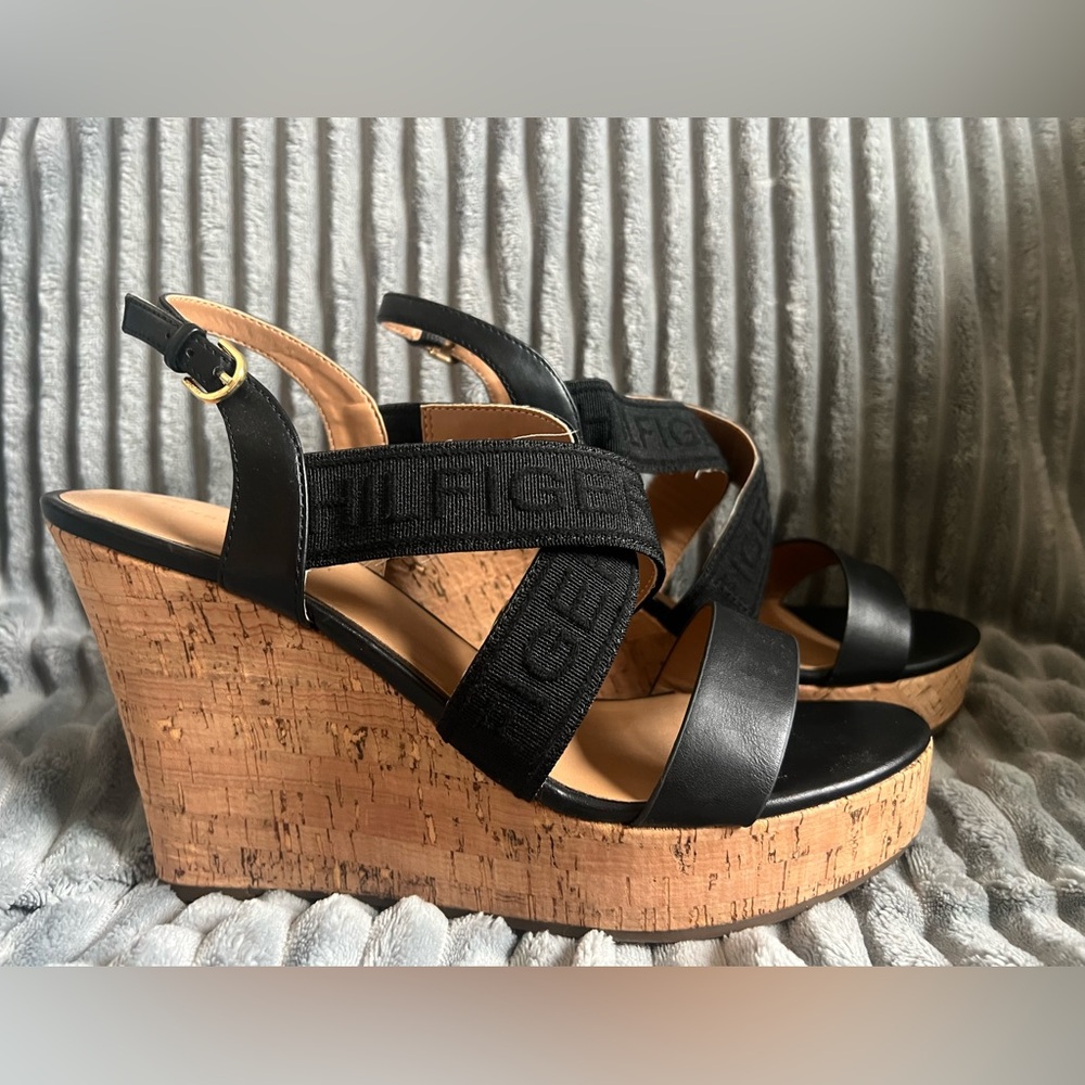 Tommy Hilfiger Black and Tan Cork  Wedges